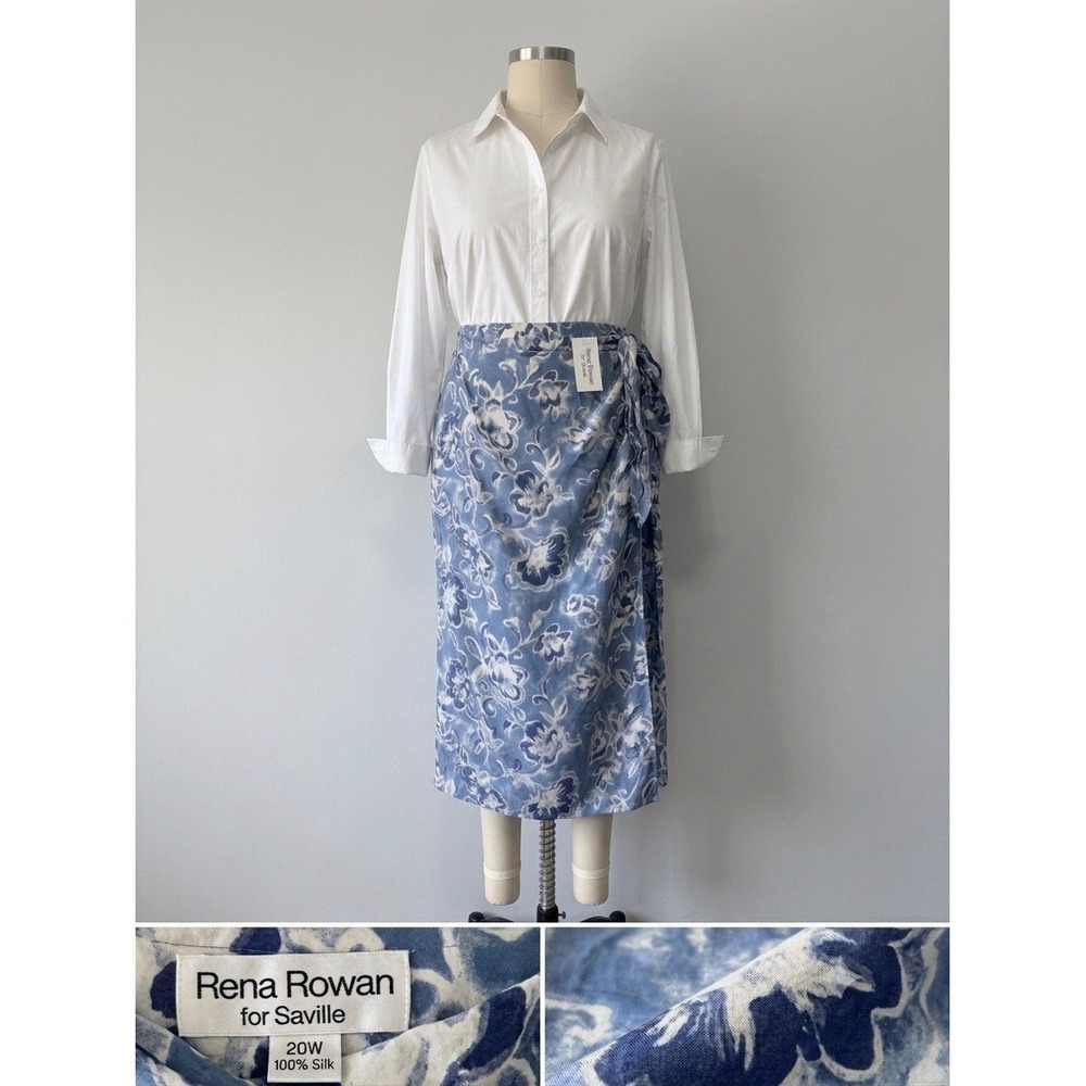 Rena Rowan for Saville 100% Silk Blue Floral Wrap Midi Skirt Sz 20W DEADSTOCK